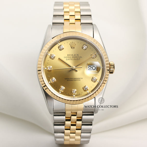 Rolex DateJust 16233 Steel & Gold Champagne Diamond Dial Second Hand Watch Collectors 1