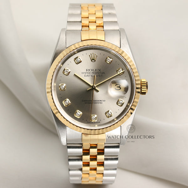 Rolex DateJust 16233 Steel & Gold Silver Diamond Dial Second Hand Watch Collectors 1