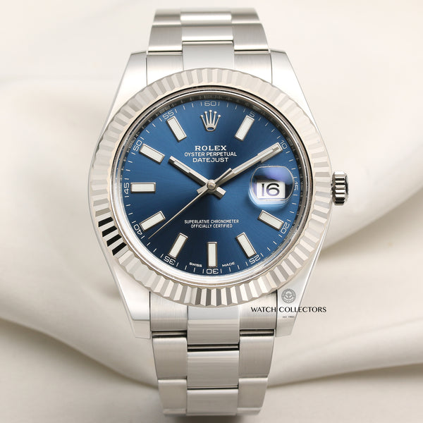 Rolex DateJust II 116334 Blue Dial Stainless Steel & 18K White Gold Fluted Bezel Second Hand Watch Collectors 1