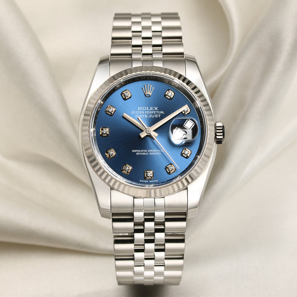 Rolex DateJust Stainless Steel Blue Diamond Dial Second Hand Watch Collectors 1