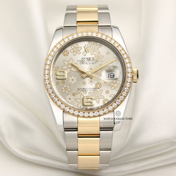 Rolex DateJust Steel & Gold Diamond Bezel Floral Second Hand Watch Collectors 1