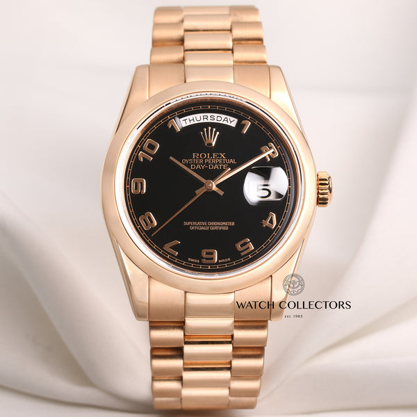 Rolex-Day-Date-118205-Black-Dial-18K-Rose-Gold-Second-Hand-Watch-Collectors-1