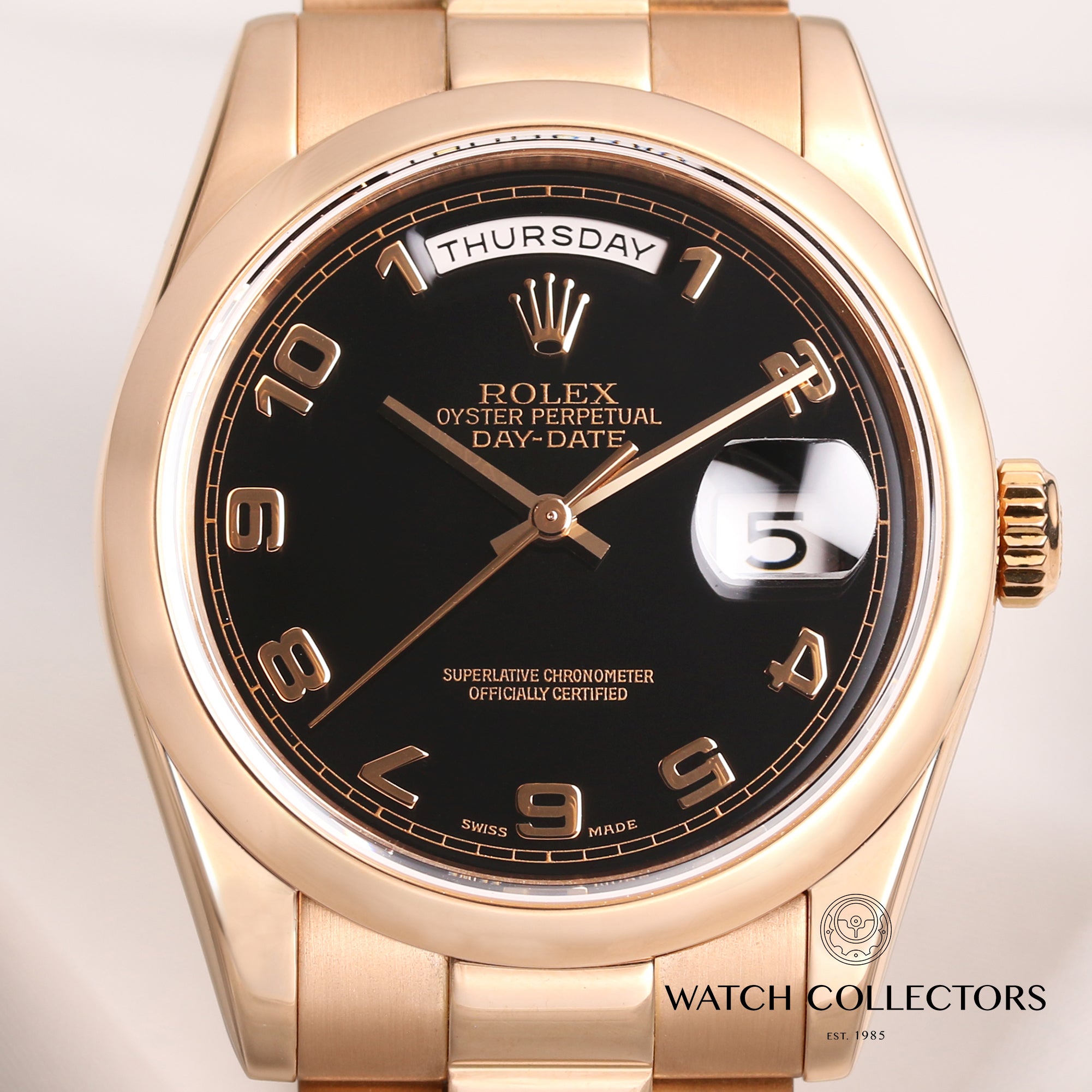 Rolex-Day-Date-118205-Black-Dial-18K-Rose-Gold-Second-Hand-Watch-Collectors-2