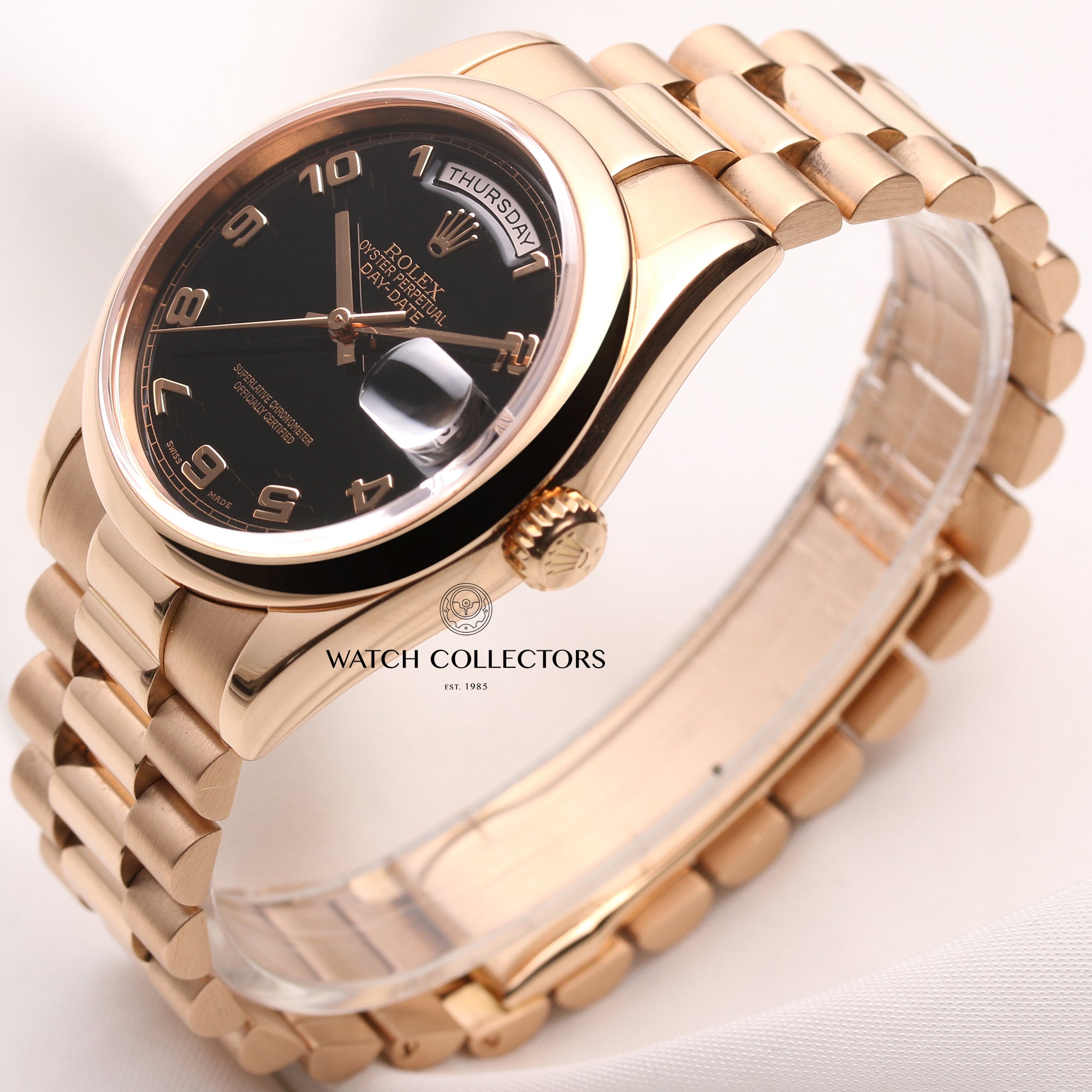 Rolex-Day-Date-118205-Black-Dial-18K-Rose-Gold-Second-Hand-Watch-Collectors-3