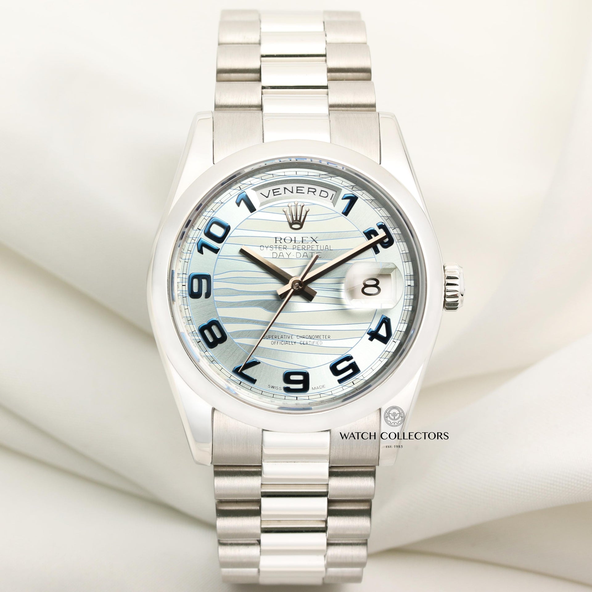 Rolex Day-Date President Platinum 118206 Glacier Ice Blue Wave Arabic Dial