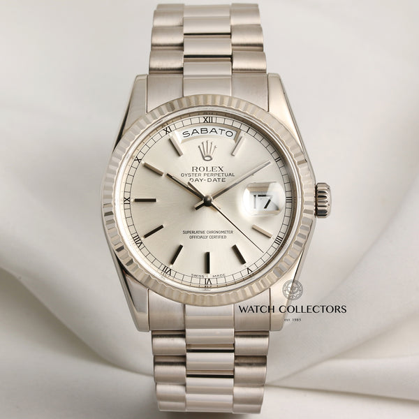 Rolex-Day-Date-118239-18K-White-Gold-Silver-Dial-Second-Hand-Watch-Collectors-1