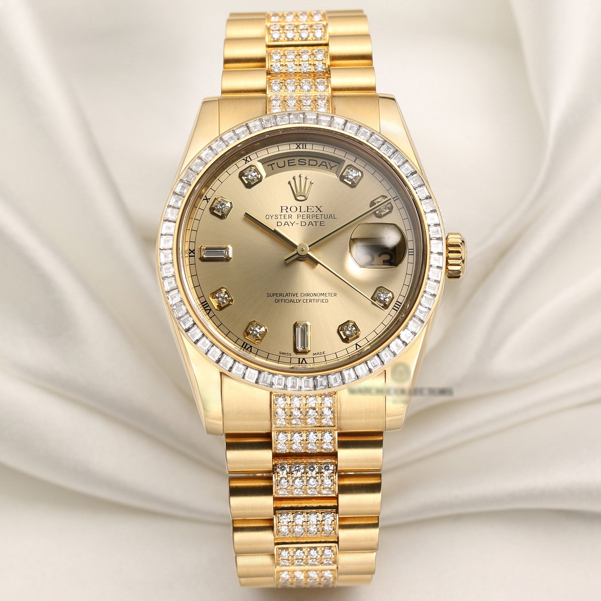 Rolex Factory Day-Date 118398 Princess Cut Diamond Bezel & Diamond Bra –  Watch Collectors