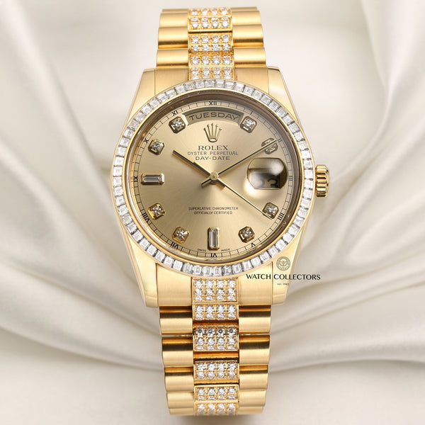 Rolex Day-Date 118398 Princess Cut Diamond Bezel Diamond Bracelet 18K Yellow Gold Second hand Watch Collectors 1