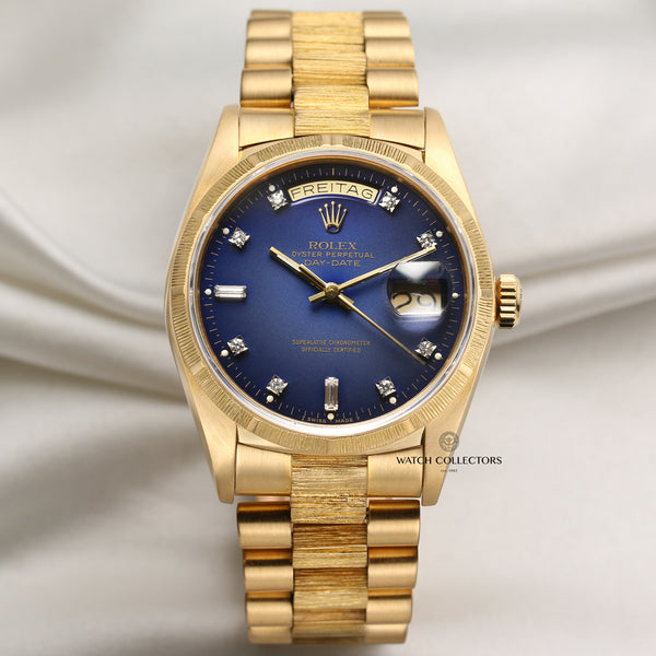 Rolex Day-Date 18078 18K Yellow Gold Blue Diamond Degrading Dial Bark Finish Second Hand Watch Collectors 1