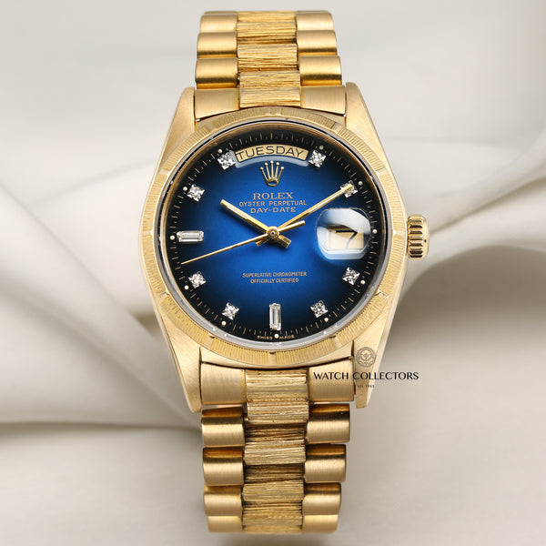 Rolex Day-Date 18078 Bark Finish Blue Degrade Vingette Diamond Dial 18K Yellow Gold Second Hand Watch Collectors 1