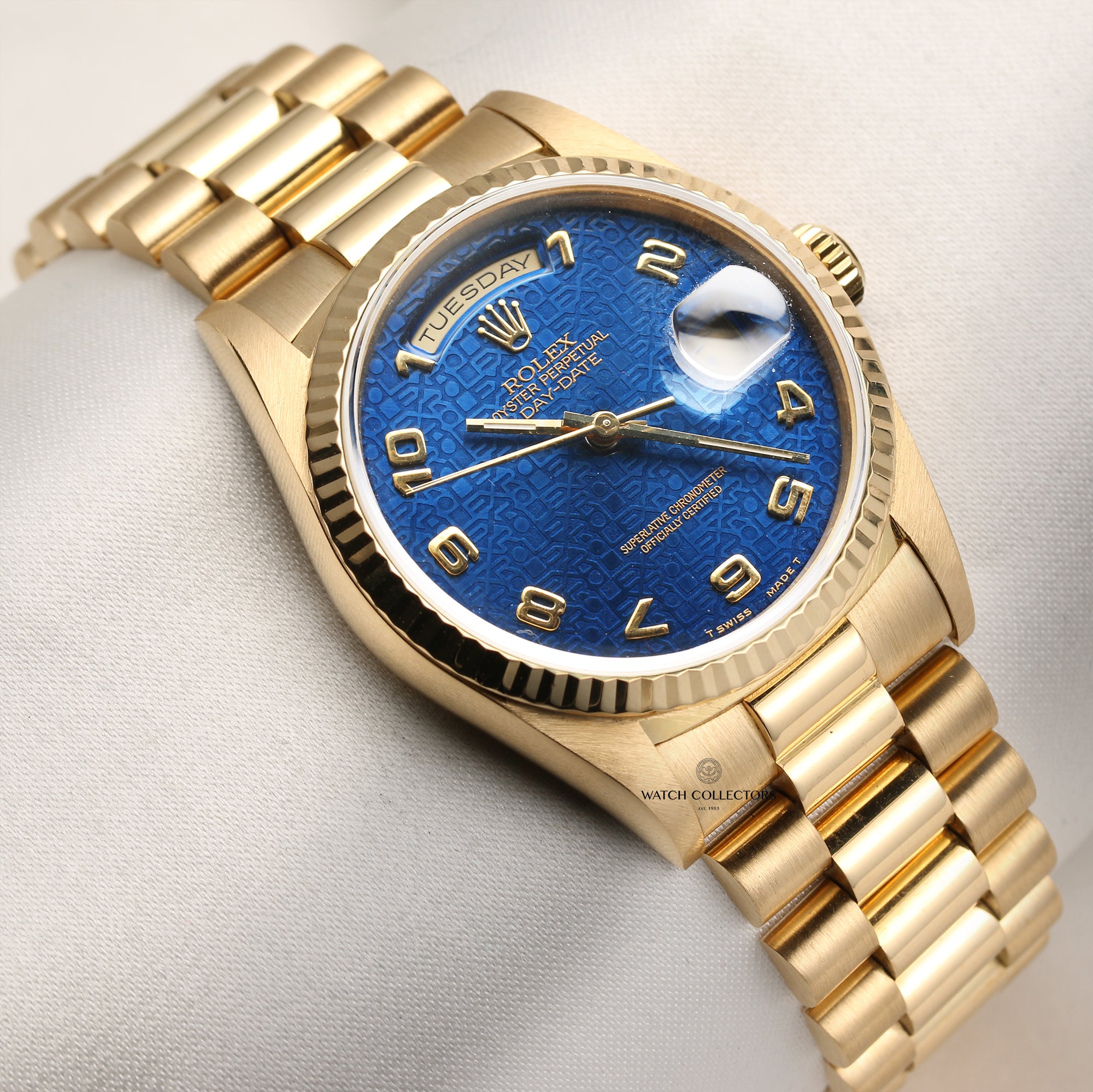 Rolex Day-Date 18238 Blue Jubilee Dial 18k Yellow Gold – Watch Collectors