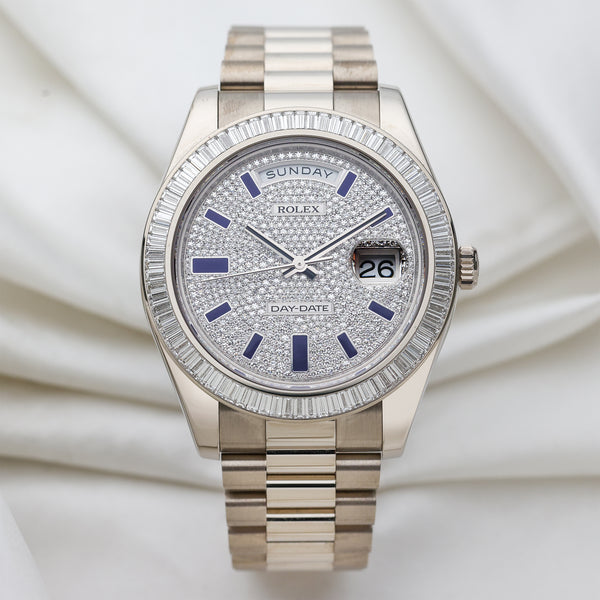 Rolex Day-Date 18K White Gold 218399BR Pave Baguette Diamond Second Hand Watch Collectors 1