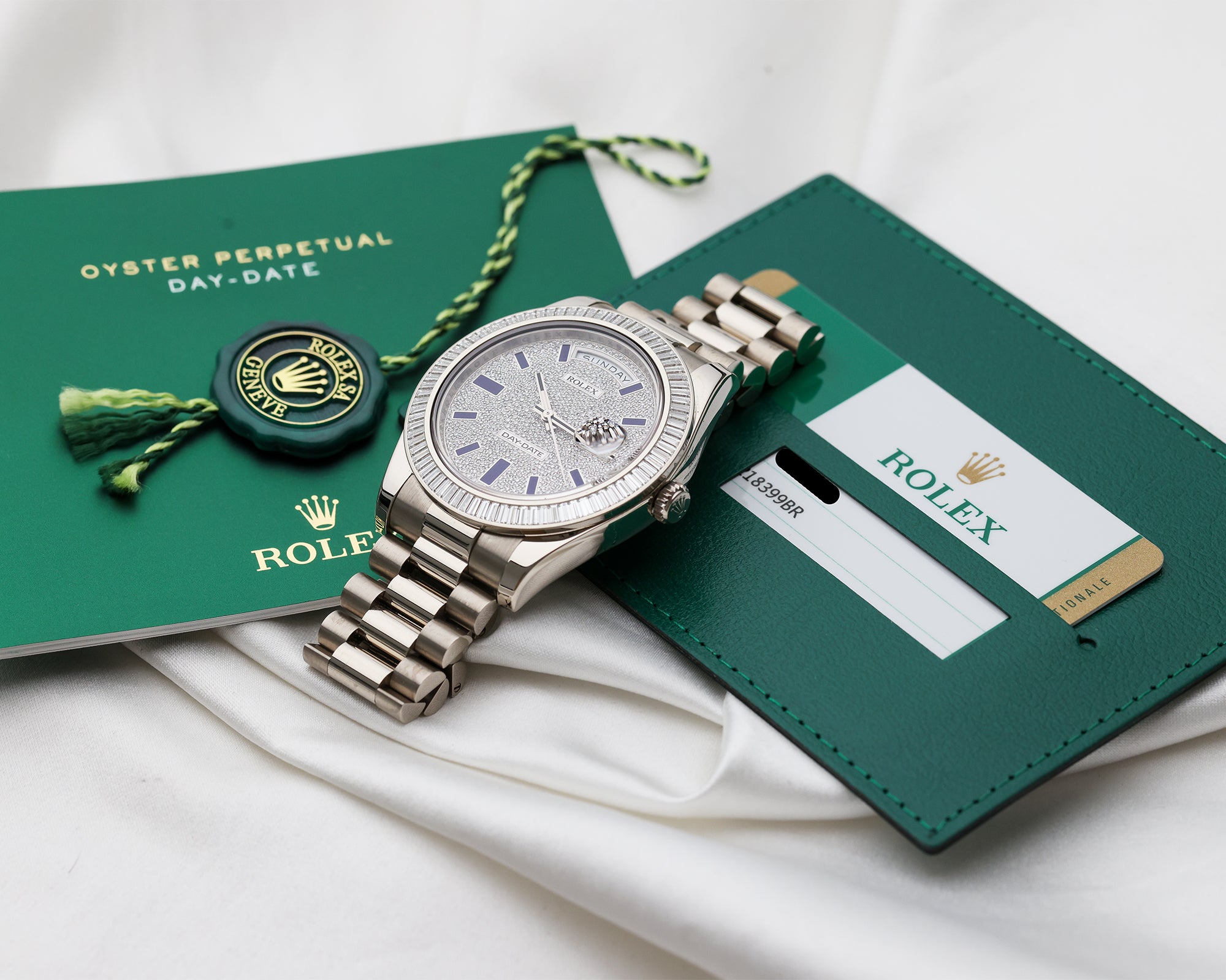 Rolex Day-Date 18K White Gold 218399BR Pave Baguette Diamond Second Hand Watch Collectors 9