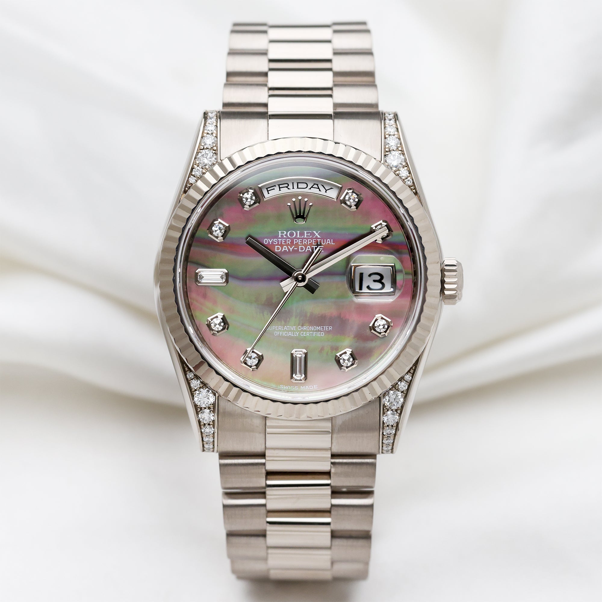 Rolex Day-Date 18K White Gold Black MOP Diamond Second Hand Watch Collectors 1