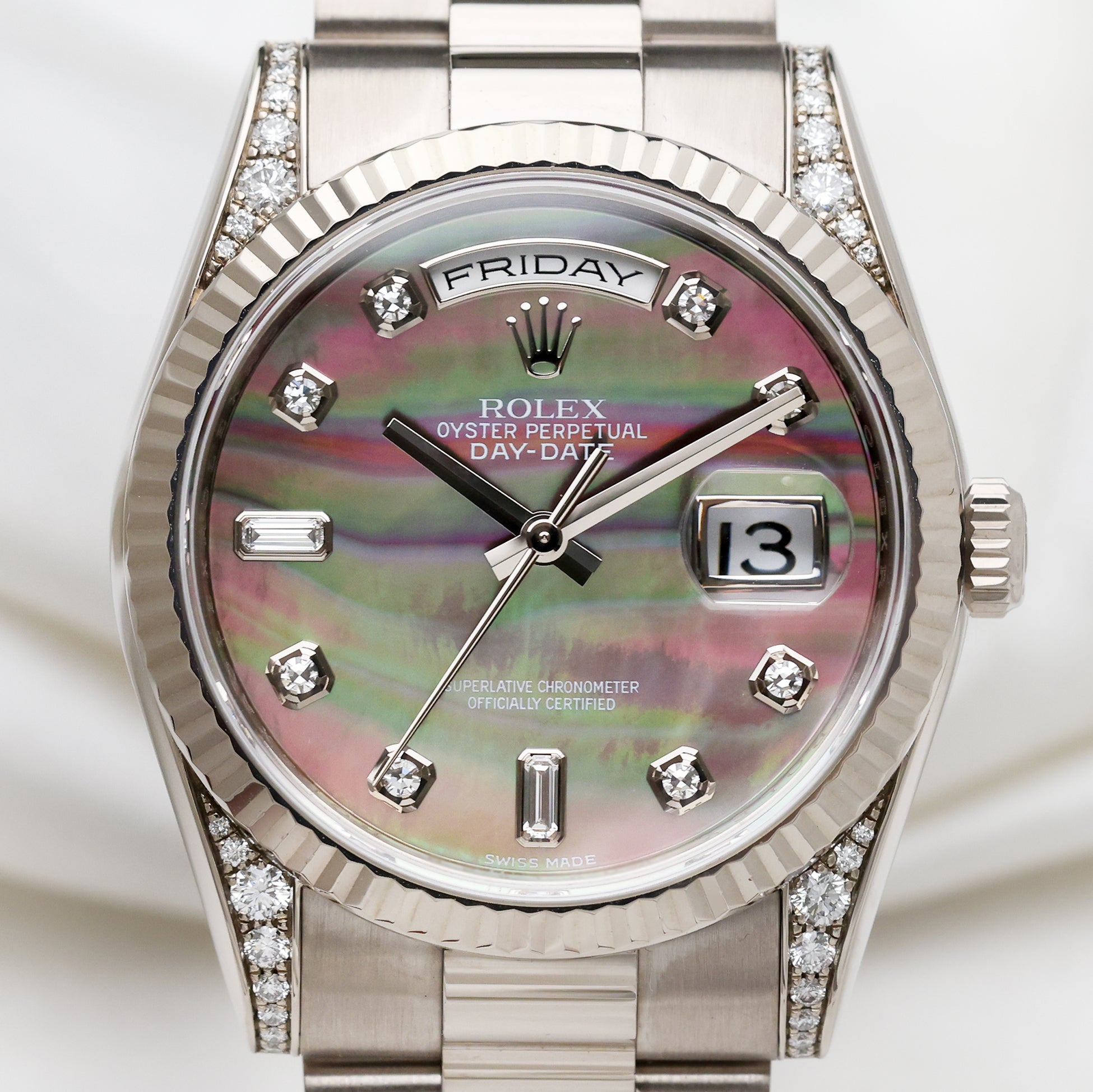 Rolex Day-Date 18K White Gold Black MOP Diamond Second Hand Watch Collectors 2