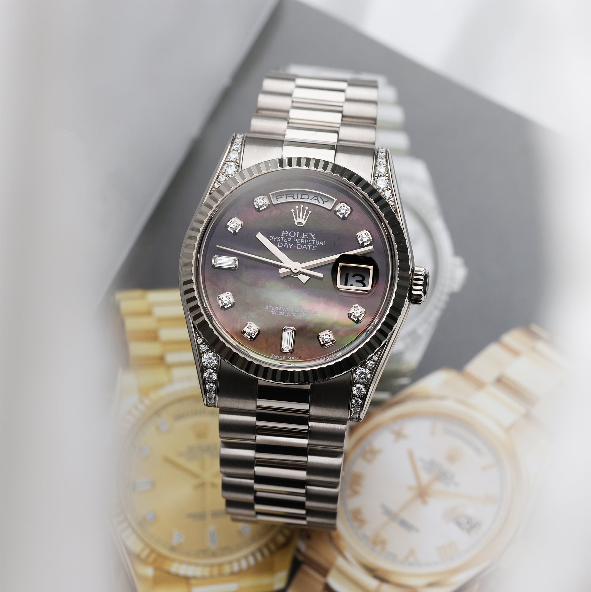 Rolex Day-Date 18K White Gold Black MOP Diamond Second Hand Watch Collectors 5