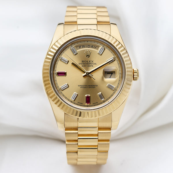 Rolex Day-Date 18K Yellow Gold Ruby & Diamond Champagne Second hand Watch collectors 1