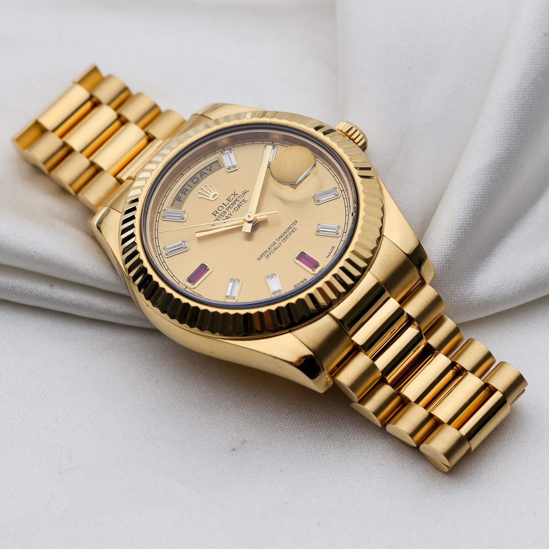 Rolex Day-Date 18K Yellow Gold Ruby & Diamond Champagne Second hand Watch collectors 5