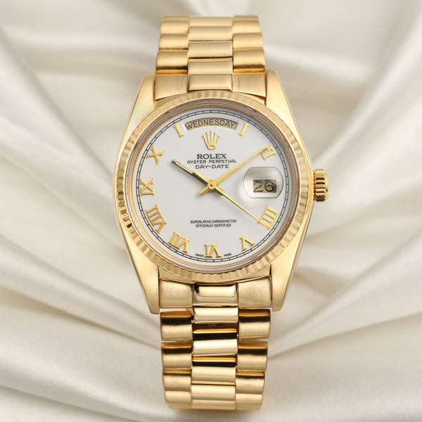 Rolex Day-Date 18K Yellow Gold White Roman Dial Second Hand Watch Collectors 1