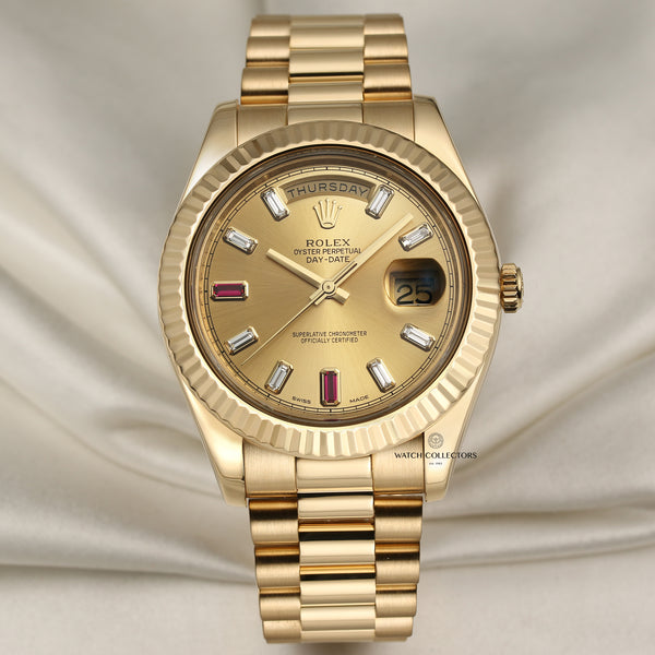 Rolex Day-Date II 218238 Champagne Ruby Diamond Dial 18K Yellow Gold Second Hand Watch Collectors 1