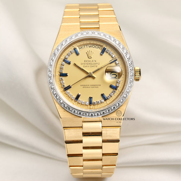 Rolex Day-Date Oyster Quartz 19048 Diamond Bezel, Sapphire Diamond string Dial 18K Yellow Gold Second Hand Watch Collectors 1