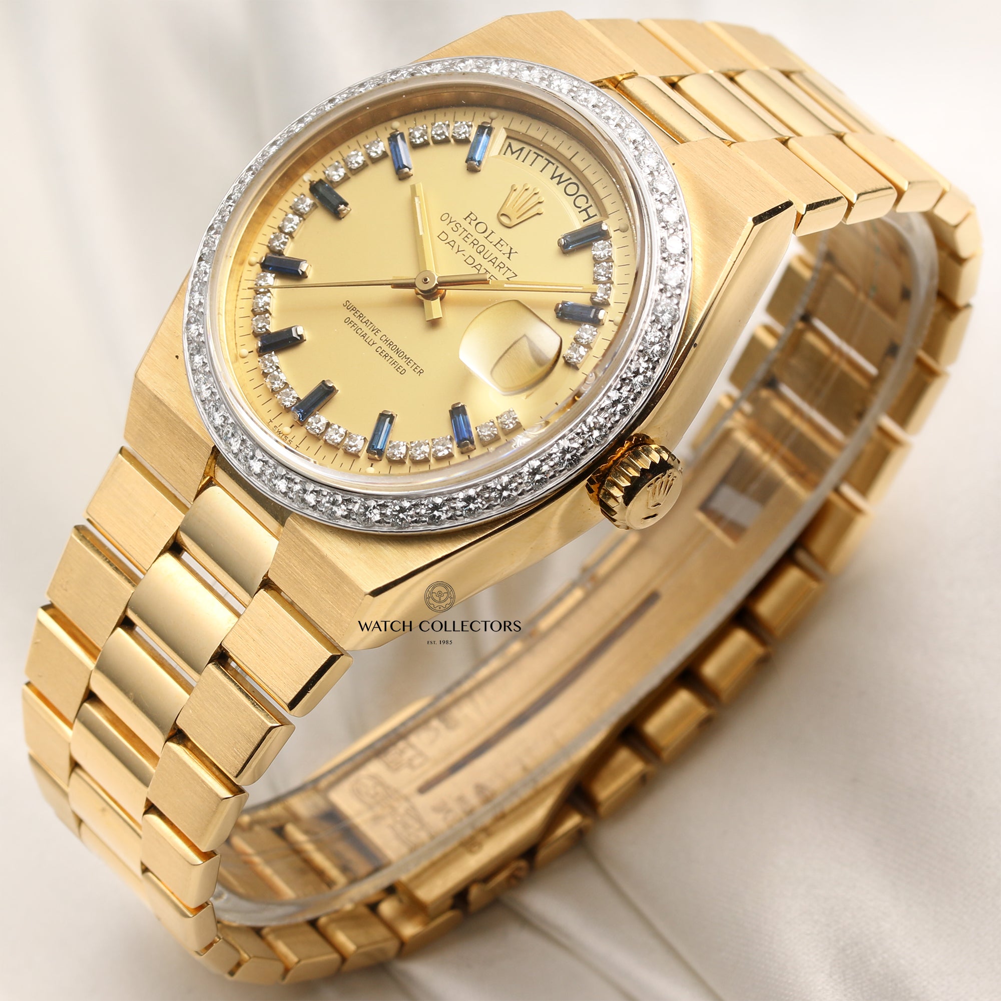 Rare Rolex Day-Date Quartz 19048 Diamond Bezel & Dial with Sapphire Ba ...