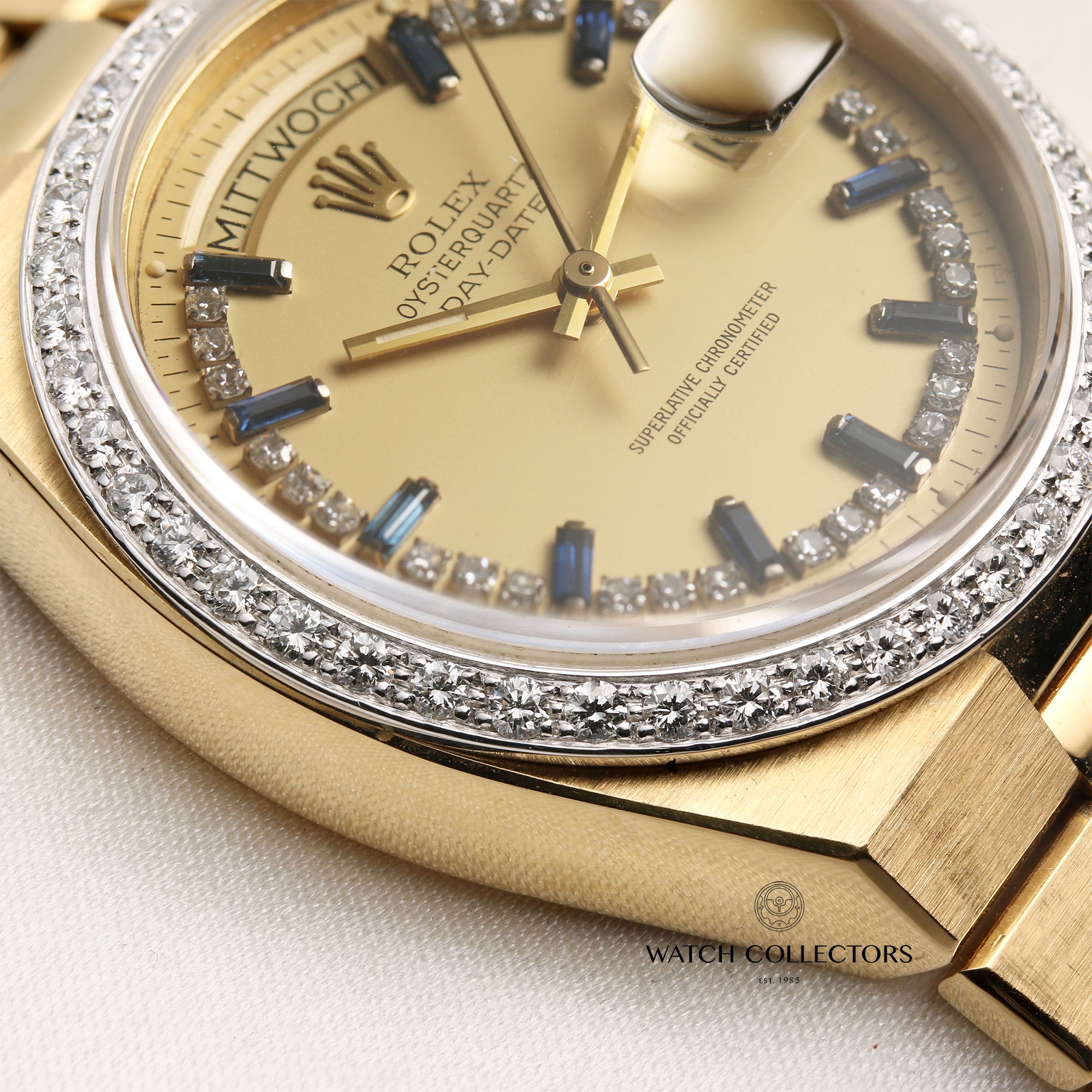 Rare Rolex Day-Date Quartz 19048 Diamond Bezel & Dial with Sapphire  Baguettes 18k Yellow Gold