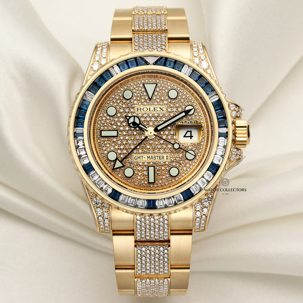 Rolex GMT Master II 116758SA Factory Set Diamond & Sapphire 18K Yellow Gold Second Hand Watch Collectors 1