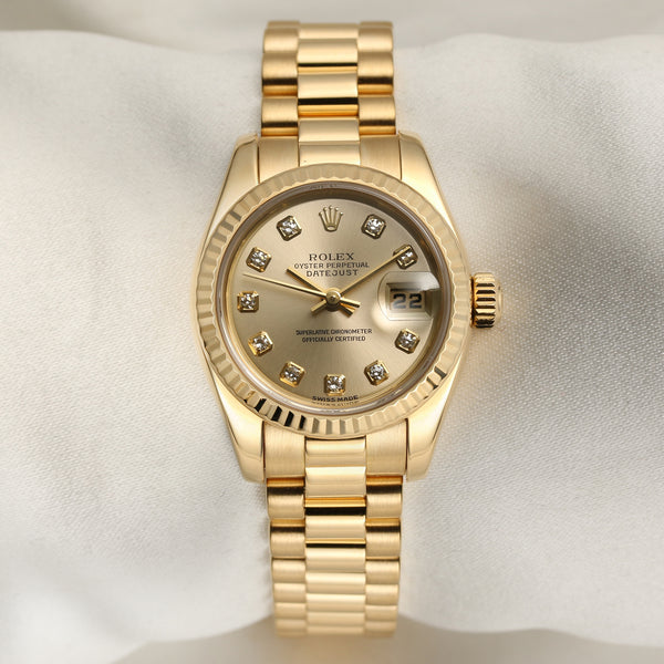 Rolex Lady DateJust 179178 18K Yellow Gold Champagne Diamond Dial Second Hand Watch Collectors 1