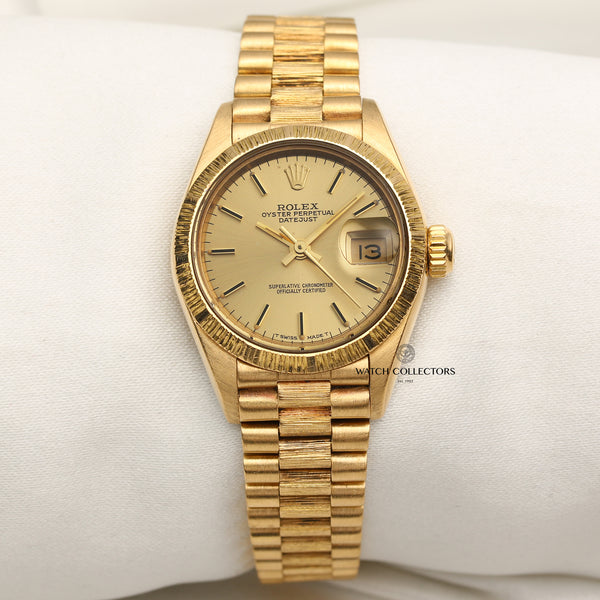 Rolex Lady DateJust 18K Yellow Gold Bark Finish Second Hand Watch Collectors 1