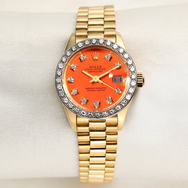 Rolex Lady DateJust 18K Yellow Gold Diamond Bezel Orange Dial Second Hand Watch Collectors 1