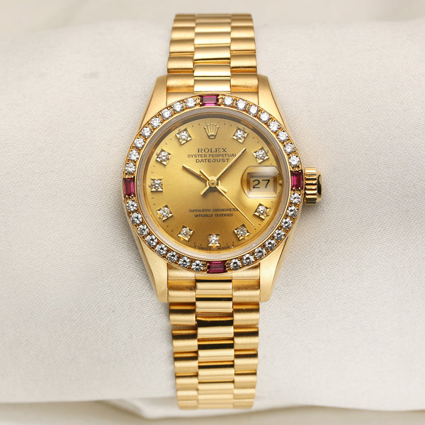 Rolex Lady DateJust 18K Yellow Gold Ruby Diamond Second Hand Watch Collectors 1