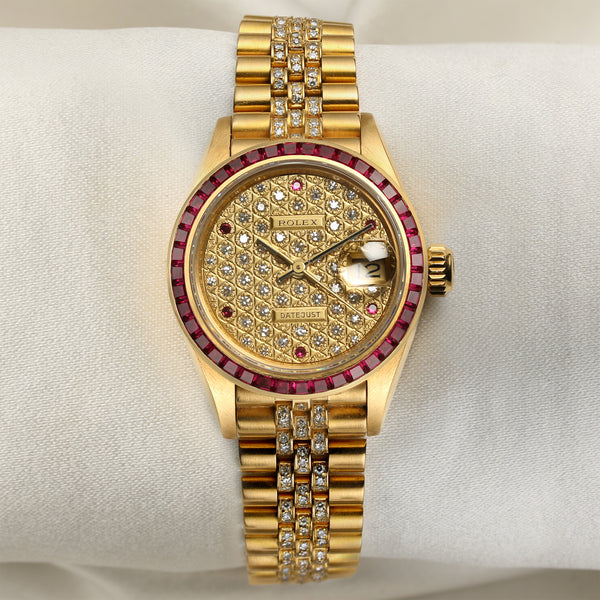 Rolex Lady DateJust 18K Yellow Gold Ruby & Diamond Second Hand Watch Collectors 1