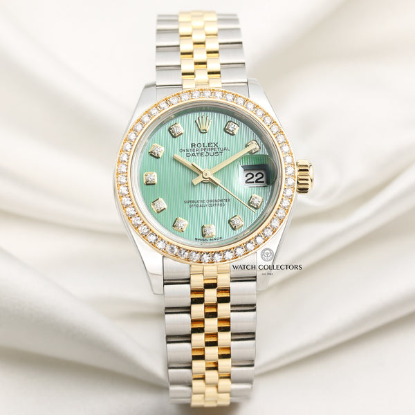 Rolex Lady DateJust 279383RBR Diamond Bezel & Mint Green Tapestry Dial Steel & Gold Second Hand Watch Collectors 1