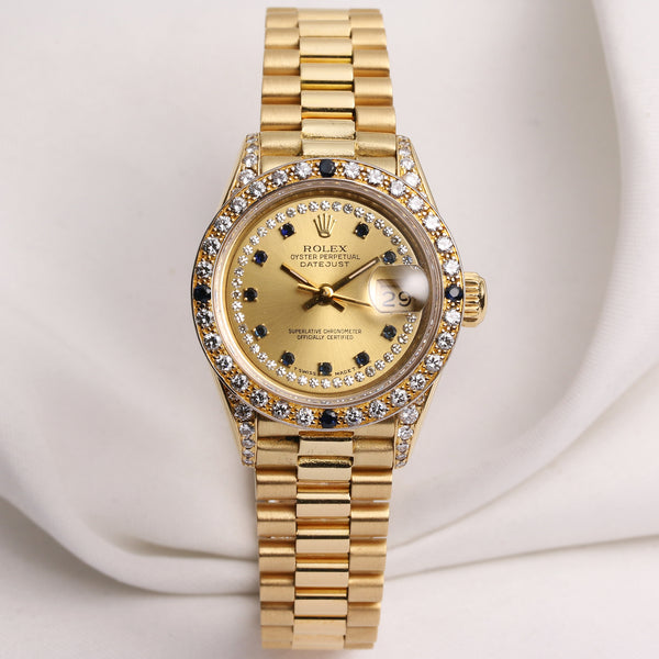 Rolex Lady DateJust 69068 18K Yellow Gold Diamond & Sapphire Second Hand Watch Collectors 1