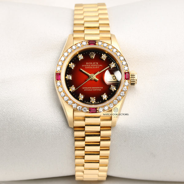 Rolex Lady DateJust 69068 Diamond & Ruby Bezel Vingette Degrading Degrade Dial Crown Collection 18K Yellow Gold Second Hand Watch Collectors 1