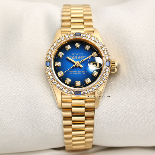 Rolex Lady DateJust 69068 Diamond & Sapphire Bezel Vingette Degrading Degrade Dial Crown Collection 18K Yellow Gold Second Hand Watch Collectors 1