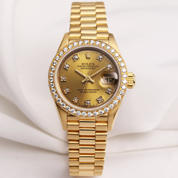 Rolex Lady DateJust 69138 Diamond Champagne Dial Bezel 18K Yellow Gold Second Hand Watch Collectors (1)