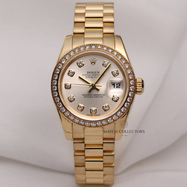 Rolex-Lady-DateJust-69138-Silver-Diamond-Dial-Bezel-18K-Yellow-Gold-Second-Hand-Watch-Collectors-1