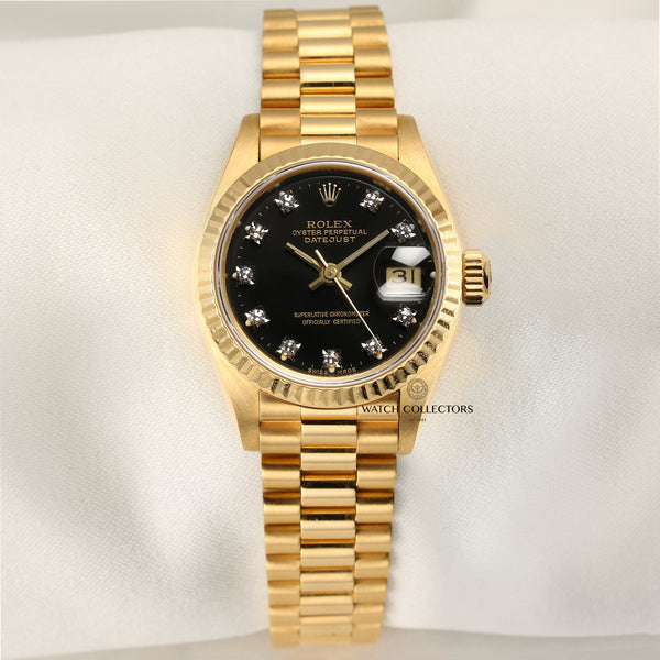 Rolex Lady DateJust 69178 18K Yellow Gold Black Diamond Dial Second Hand Watch Collectors 1