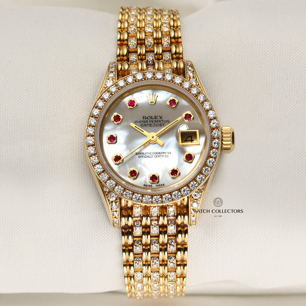 Rolex Lady DateJust Diamond & Ruby 18K Yellow Gold Second Hand Watch Collectors 1