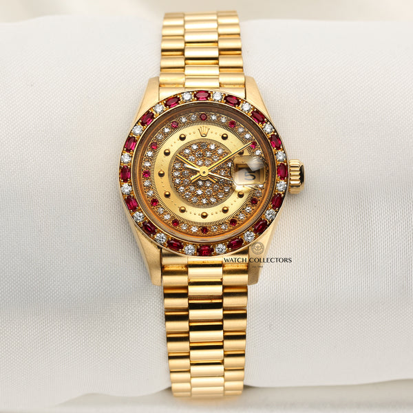Rolex Lady DateJust Diamond & Ruby Champagne 18K Yellow Gold Second Hand Watch Collectors 1