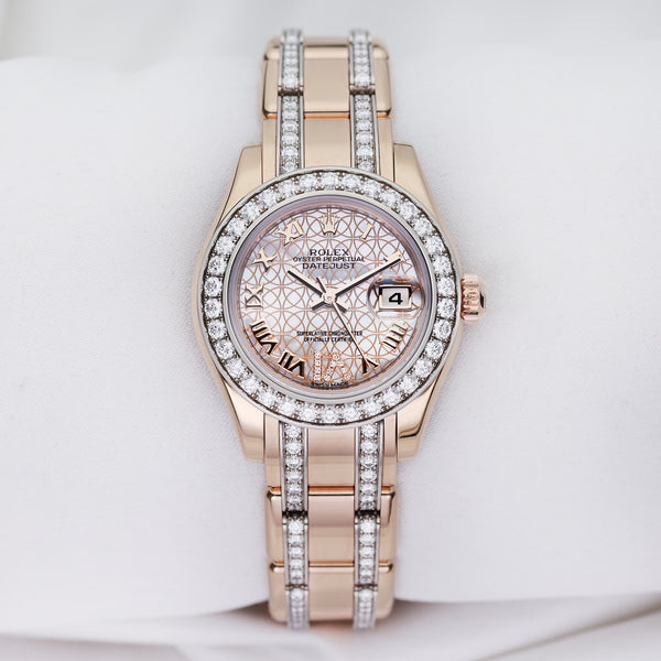 Rolex Lady DateJust Pearlmaster 18K Rose & White Gold MOP Diamond Second Hand Watch Collectors 1