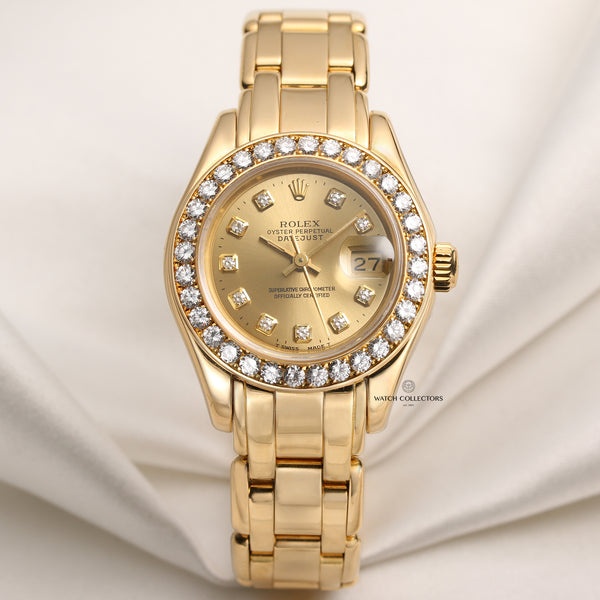 Rolex Lady DateJust Pearlmaster 69298 18K Yellow Gold Diamond Bezel Champagne Dial Second Hand Watch Collectors 1