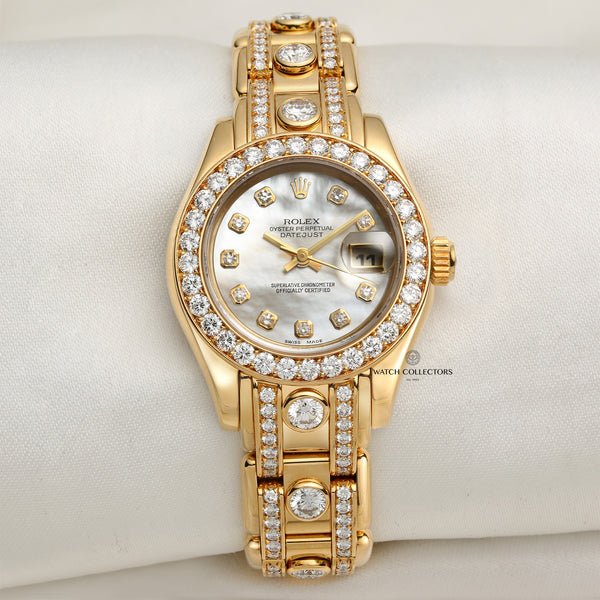 Rolex Lady DateJust Pearlmaster 69298 18K Yellow Gold MOP Diamond Dial Bezel Bracelet Second Hand Watch Collectors 1