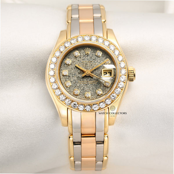 Rolex Lady DateJust Pearlmaster 69298 Fossil Dinosaur Egg Diamond Dial 18K Tridor Second Hand Watch Collectors 1