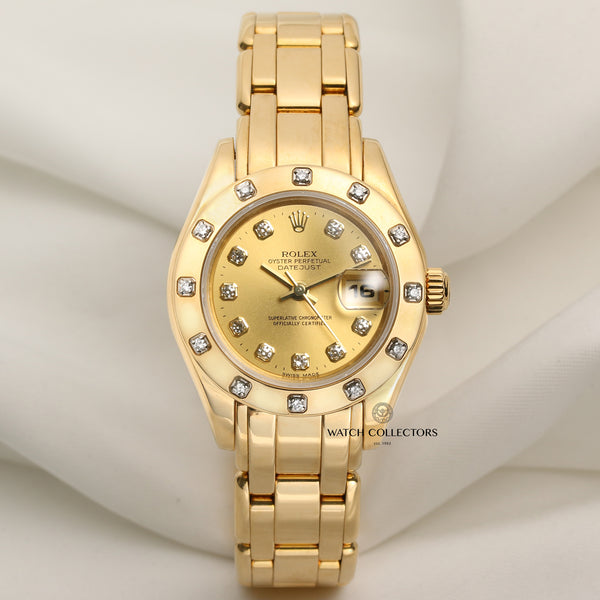 Rolex Lady DateJust Pearlmaster 69318 Champagne Diamond Dial 12 Point Diamond Bezel 18K Yellow Gold Second Hand Watch Collectors 1