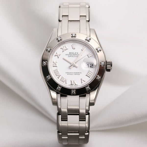 Rolex Lady DateJust Pearlmaster 80399 2 18K White Gold 12 point Diamond Bezel Second Hand Watch Collectors 1