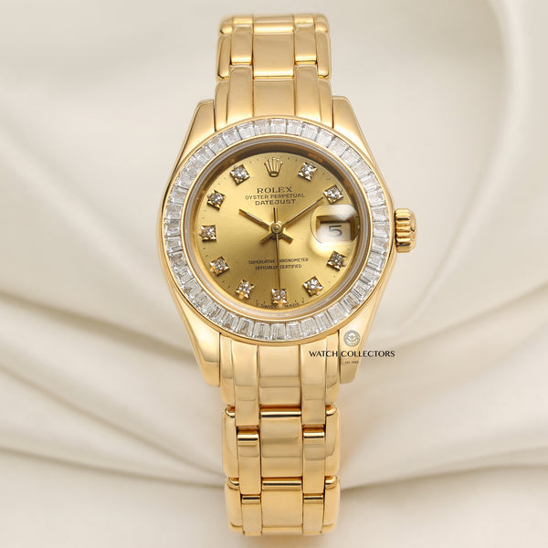 Rolex Lady DateJust Pearlmaster Princess Cut Diamond Bezel 18K Yellow Gold Second Hand Watch Collectors 1