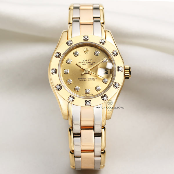 Rolex Lady DateJust Pearlmaster Tridor 12 Point Diamond Bezel 18K Gold Second Hand Watch Collectors 1